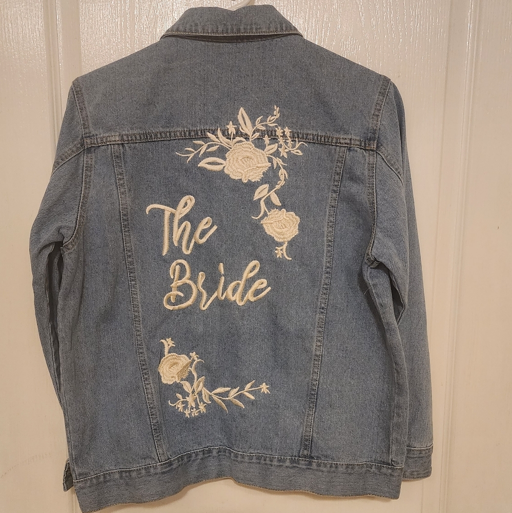 David's Bridal Denim Jacket with Cream Embroidery